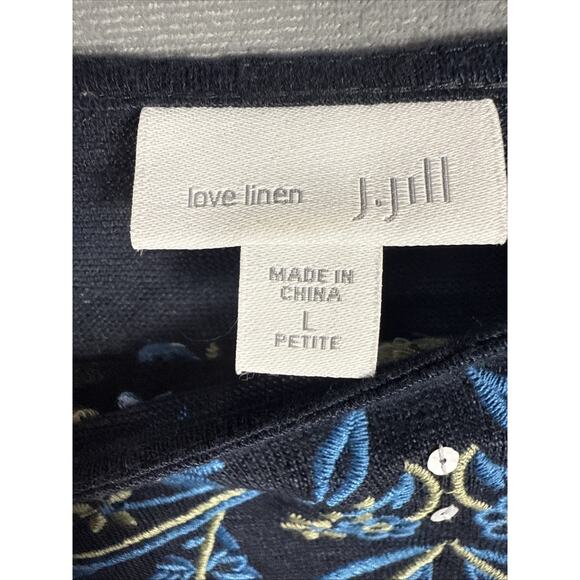 J Jill Love Linen Top Large Blue Floral Embroidered Short Sleeve‎ Tunic Shirt - Picture 5 of 8